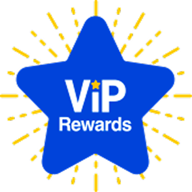 Blue star with text "ViP Rewards" in white and a yellow star over the "i", surrounded by radiating yellow rays.